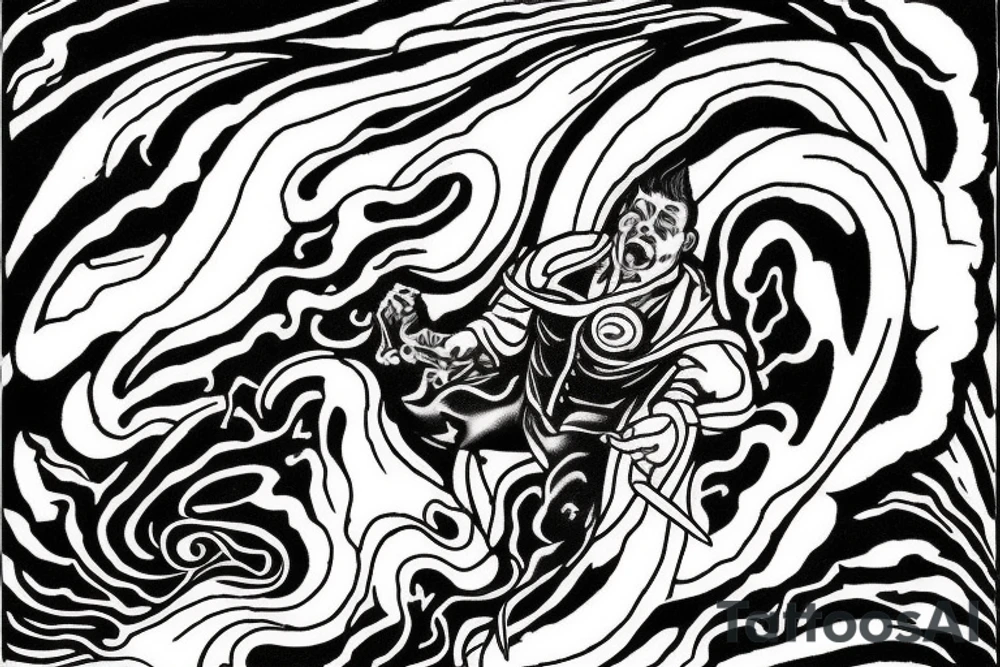 man with lightning in hand on the top of the mountain tattoo idea