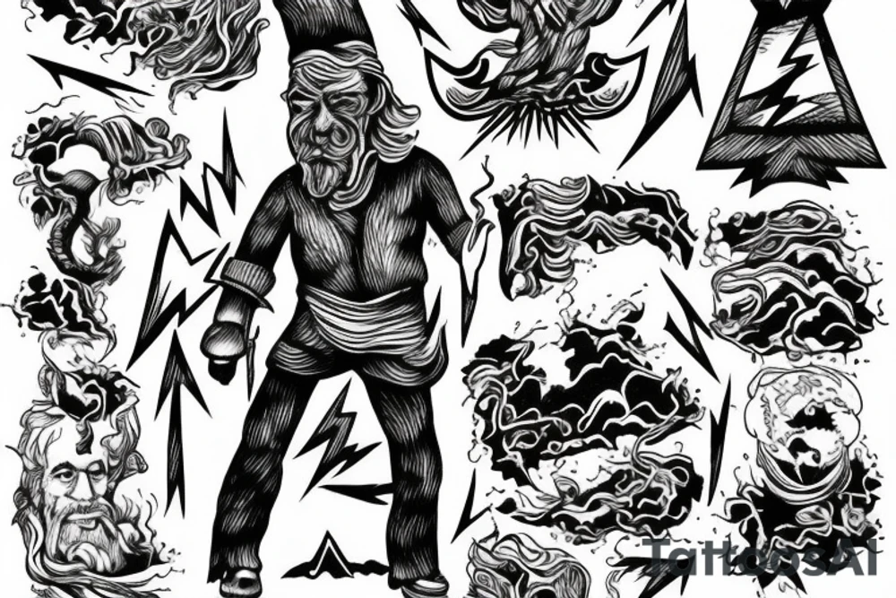 man with lightning in hand on the top of the mountain tattoo idea