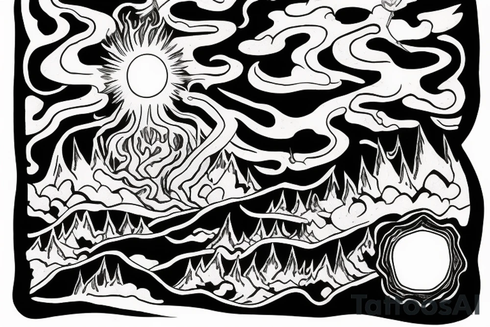 man with lightning in hand on the top of the mountain tattoo idea