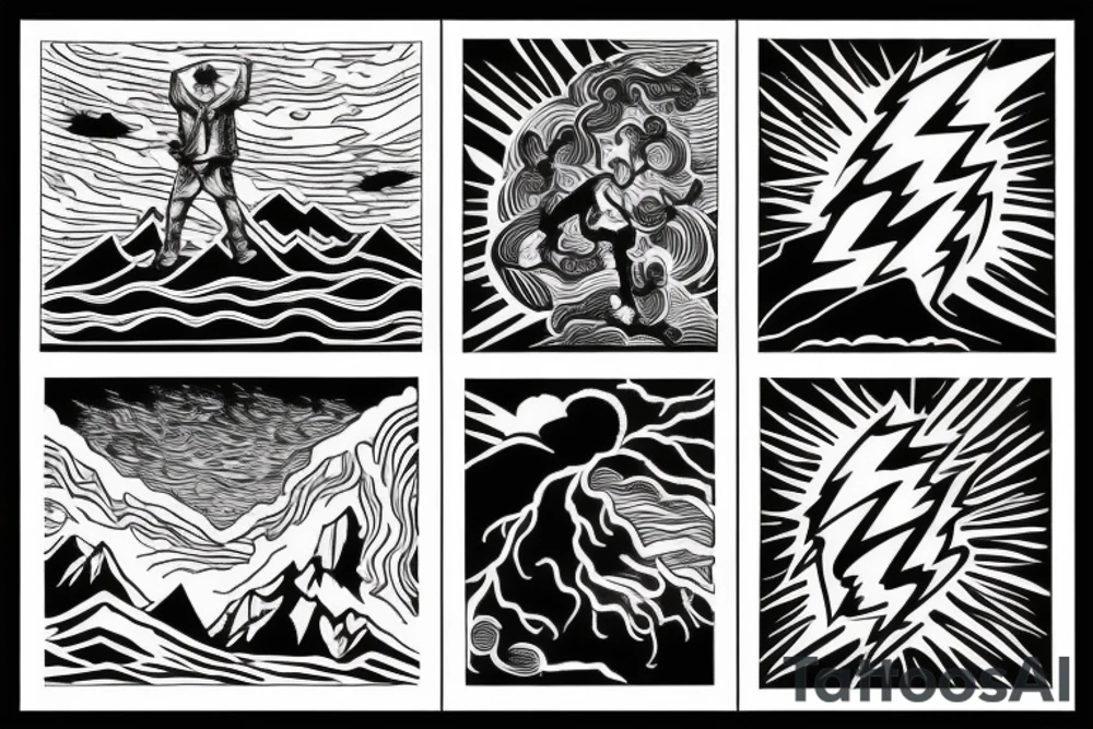 man with lightning in hand on the top of the mountain tattoo idea