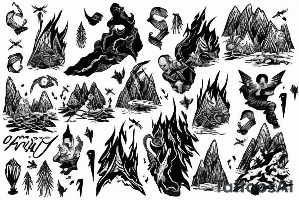 man with lightning in hand on the top of the mountain tattoo idea