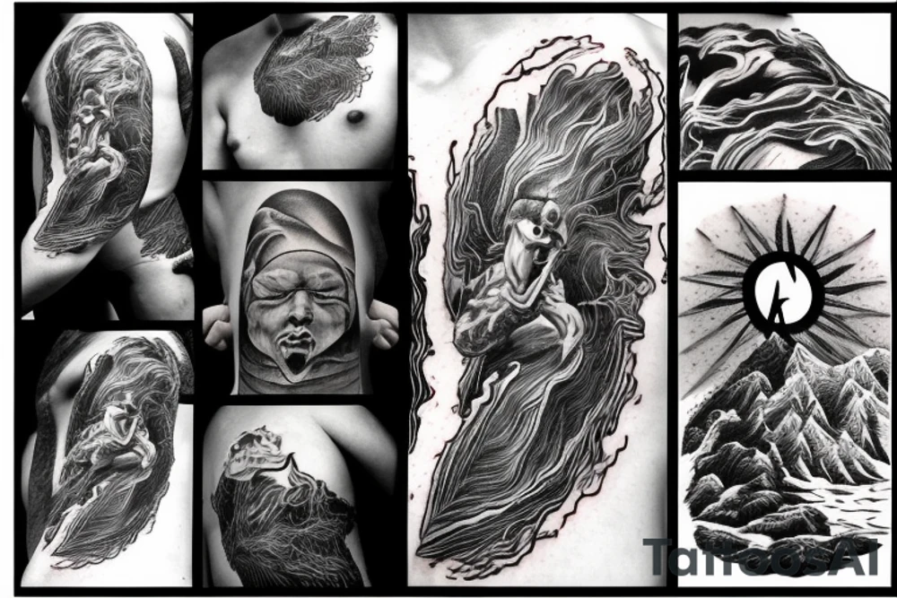 man with lightning in hand on the top of the mountain tattoo idea