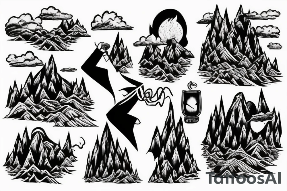 man with lightning in hand on the top of the mountain tattoo idea