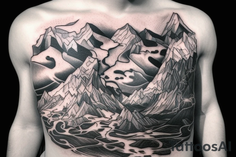 man with lightning in hand on the top of the mountain tattoo idea