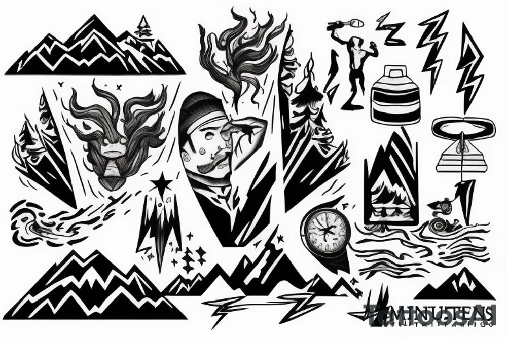 man with lightning in hand on the top of the mountain tattoo idea