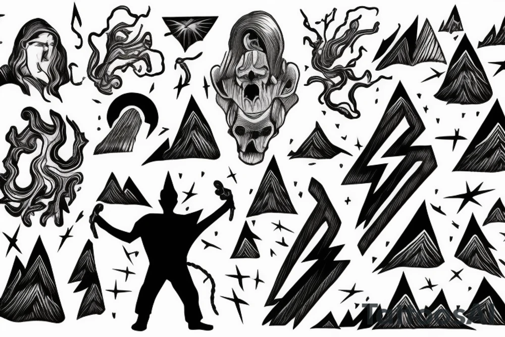 man with lightning in hand on the top of the mountain tattoo idea
