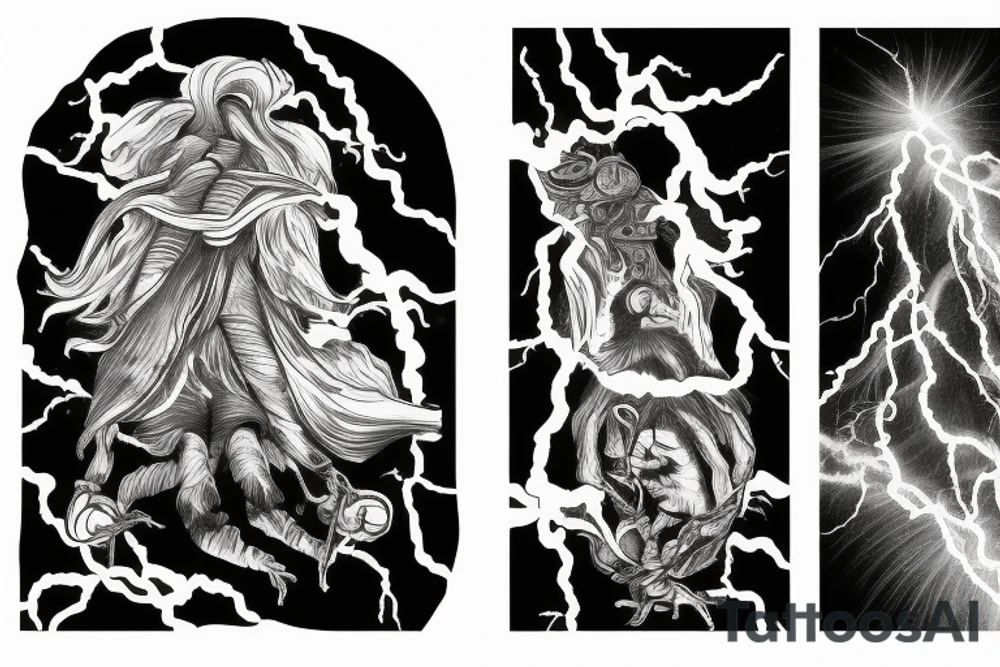 man with lightning in hand on the top of the mountain tattoo idea