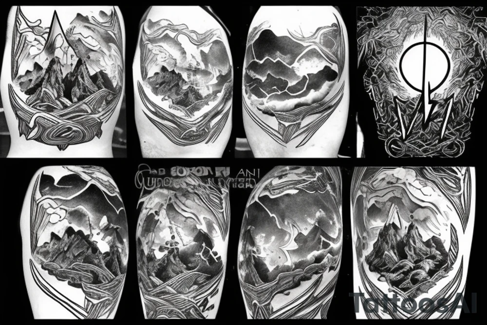 man with lightning in hand on the top of the mountain tattoo idea
