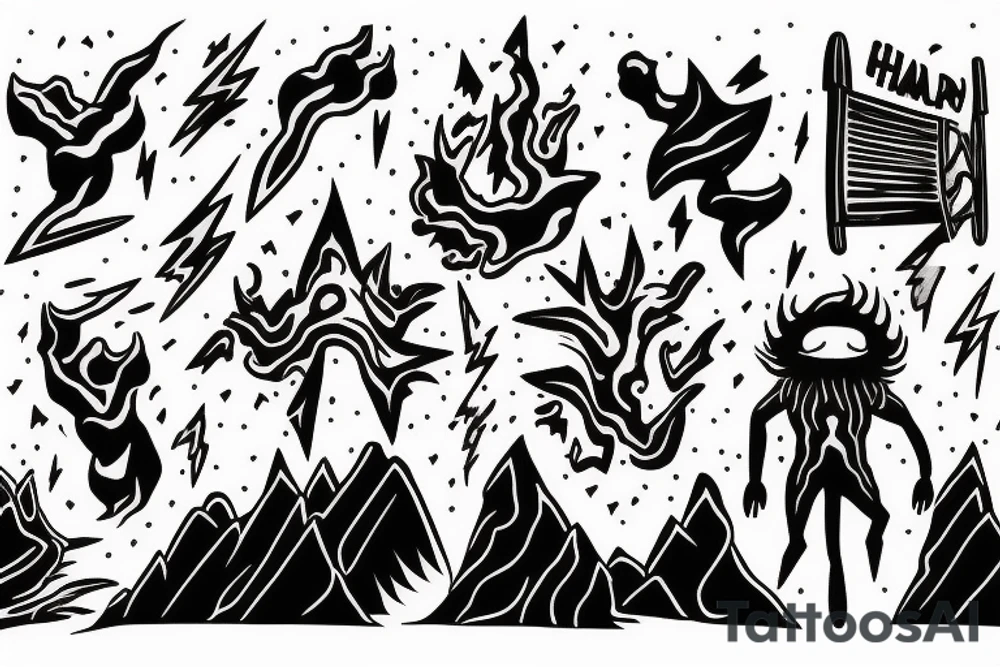 man with lightning in hand on the top of the mountain tattoo idea