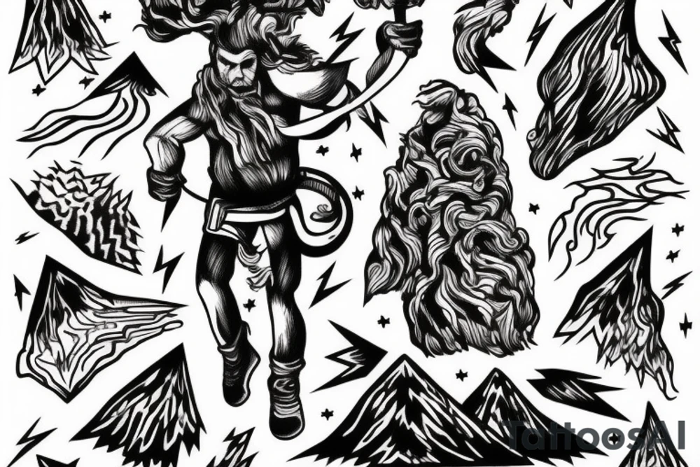 man with lightning in hand on the top of the mountain tattoo idea