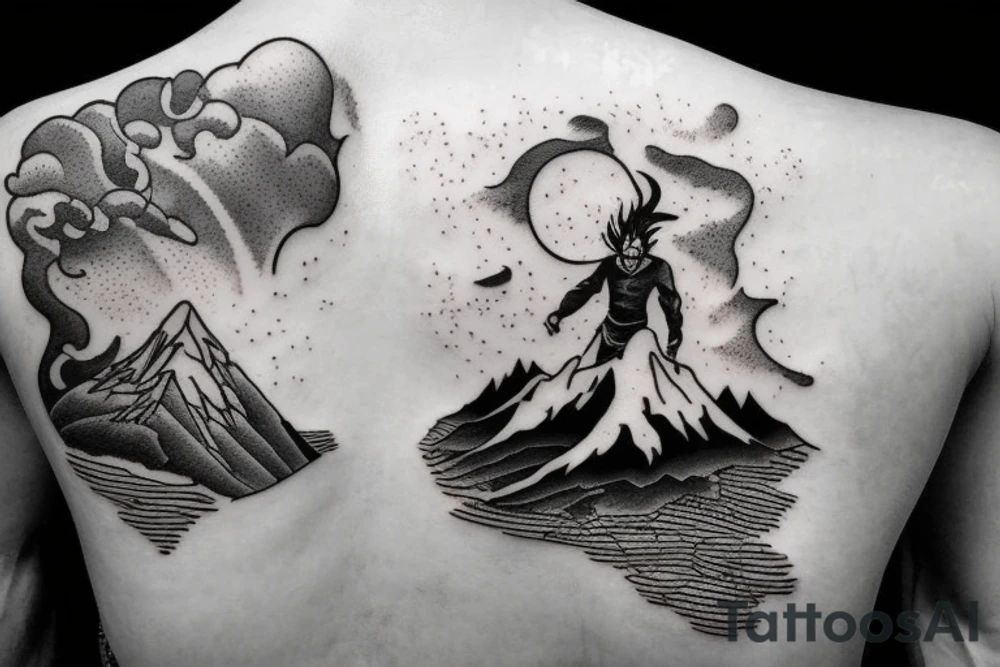 man with lightning in hand on the top of the mountain tattoo idea