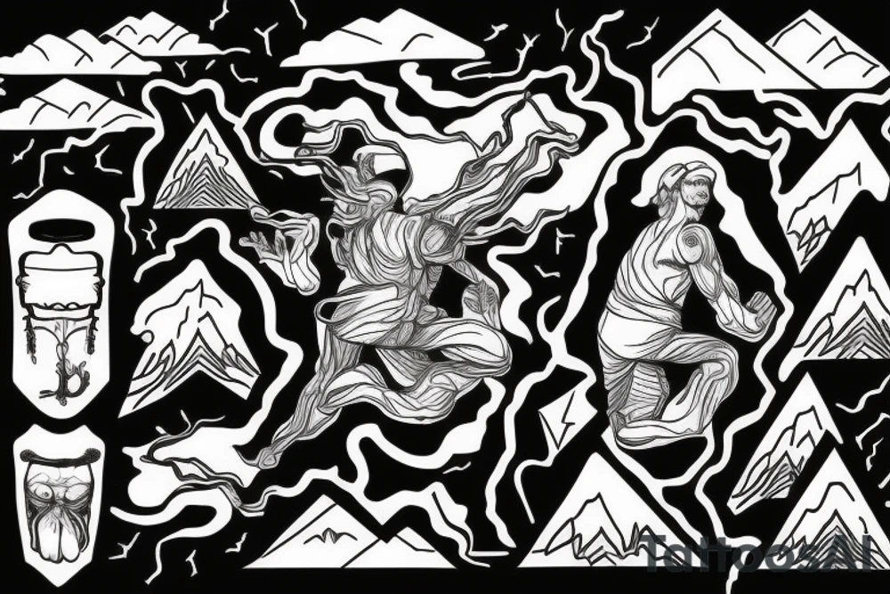 man with lightning in hand on the top of the mountain tattoo idea