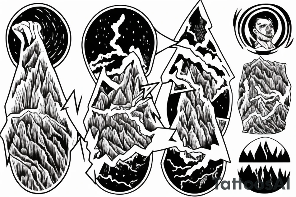 man with lightning in hand on the top of the mountain tattoo idea
