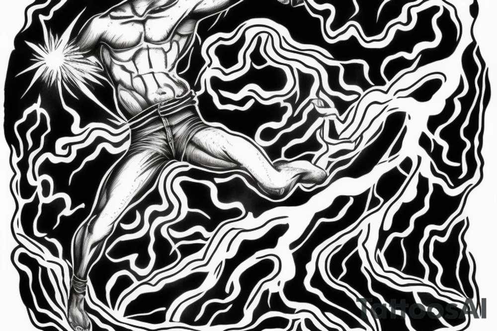man with lightning in hand on the top of the mountain tattoo idea