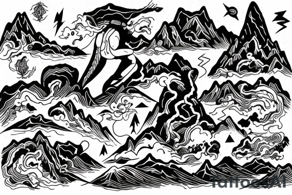 man with lightning in hand on the top of the mountain tattoo idea