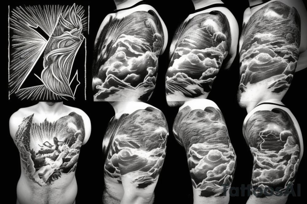 man with lightning in hand on the top of the mountain tattoo idea