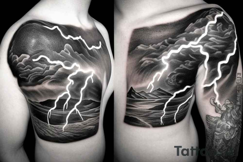 man with lightning in hand on the top of the mountain tattoo idea