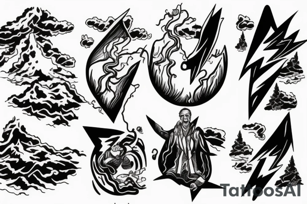 man with lightning in hand on the top of the mountain tattoo idea
