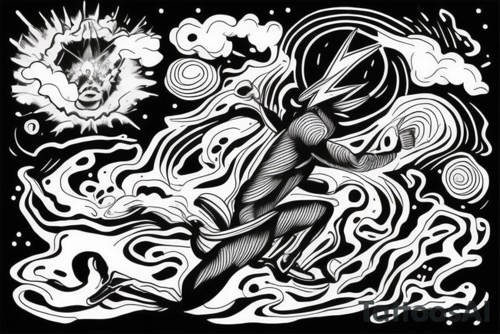 man with lightning in hand on the top of the mountain tattoo idea