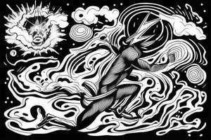 man with lightning in hand on the top of the mountain tattoo idea
