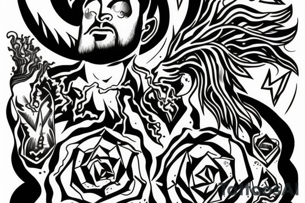 man with lightning in hand on the top of the mountain tattoo idea