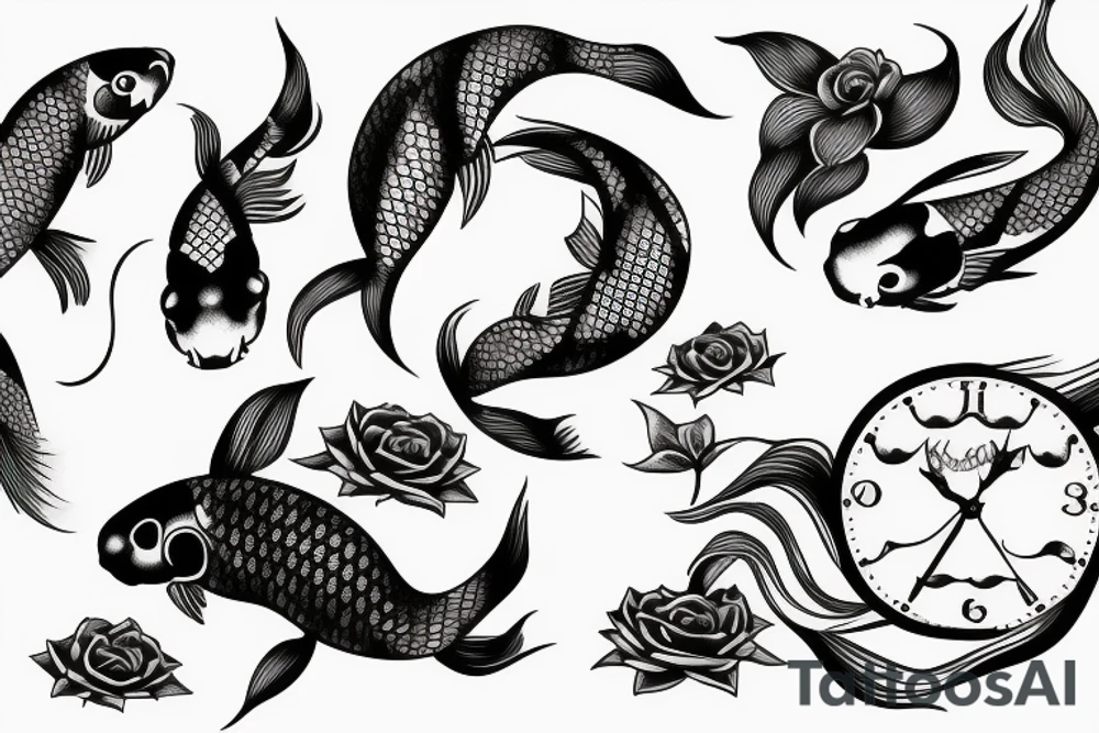 Koi with rose and clock and waterfall tattoo idea