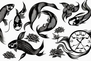 Koi with rose and clock and waterfall tattoo idea