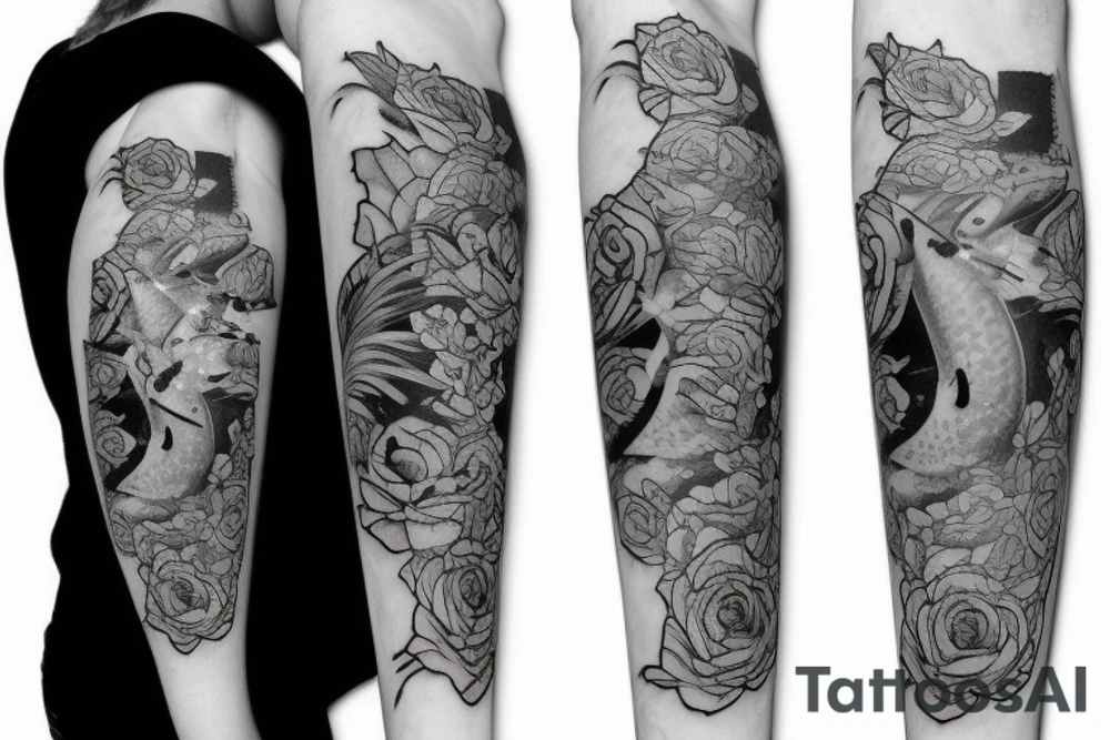 Koi with rose and clock and waterfall tattoo idea