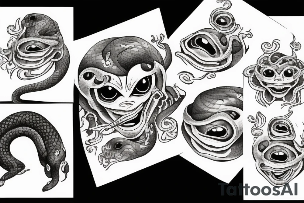 Floating triple eyes with snake body tattoo idea