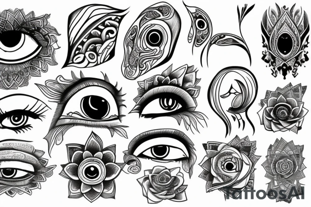 Six trippy eyes connecting with lotus tattoo idea
