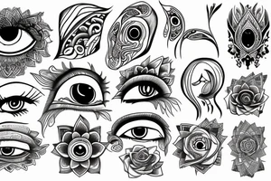 Six trippy eyes connecting with lotus tattoo idea