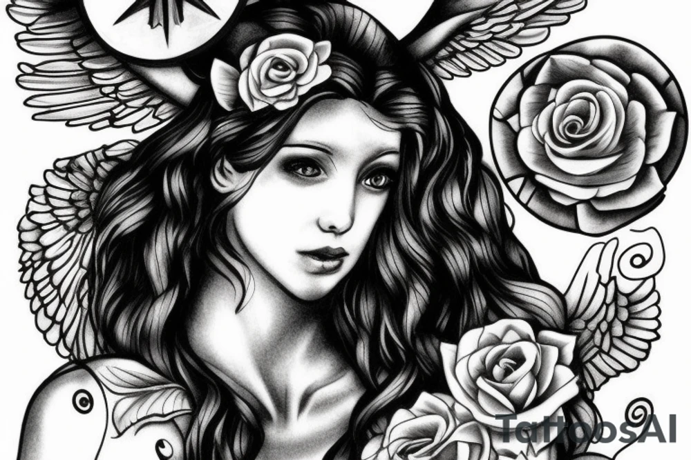 Greek mythology angel, with white lightning and a black rose tattoo idea