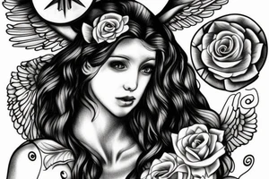 Greek mythology angel, with white lightning and a black rose tattoo idea