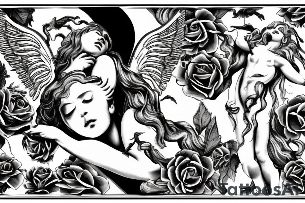 Greek mythology angel, with white lightning and a black rose tattoo idea