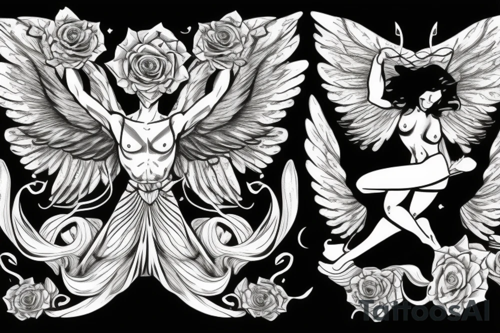 Muscular angel with wings, lightning and a blackout rose. Sharp tattoo idea