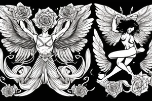 Muscular angel with wings, lightning and a blackout rose. Sharp tattoo idea