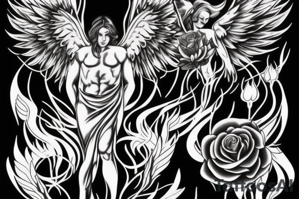 Muscular angel with wings, lightning and a blackout rose. Sharp tattoo idea