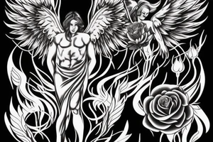 Muscular angel with wings, lightning and a blackout rose. Sharp tattoo idea