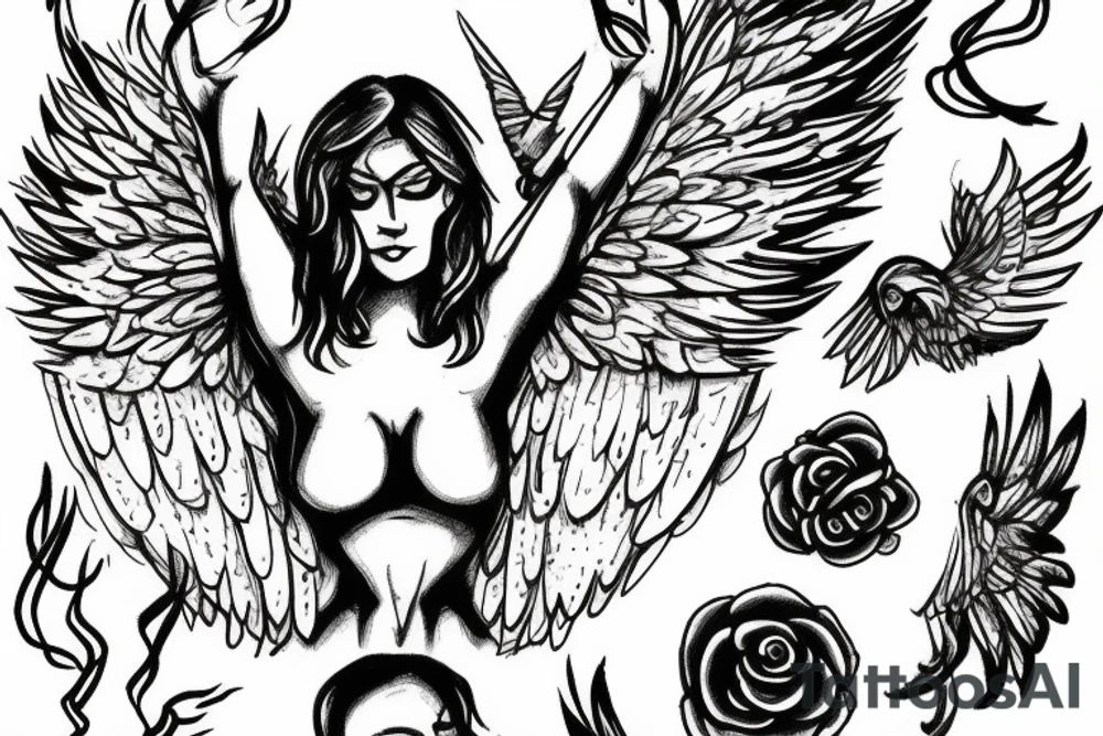 muscular angel with wings, lightning striking a black rose tattoo idea