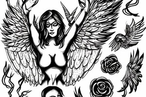 muscular angel with wings, lightning striking a black rose tattoo idea
