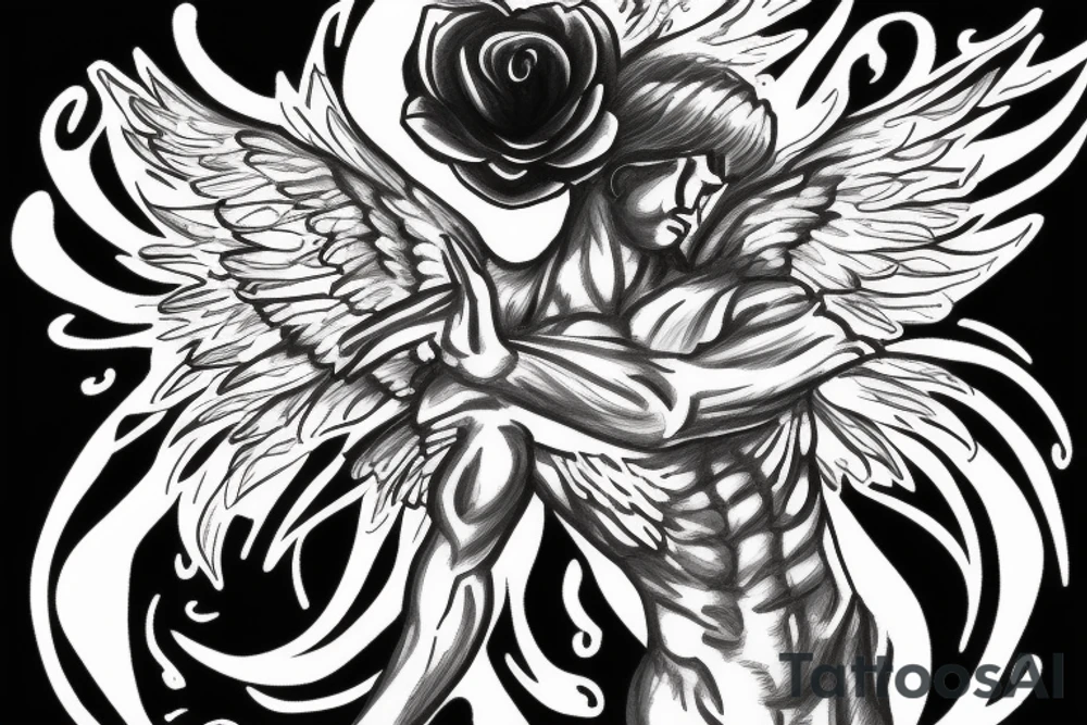 muscular angel with wings, lightning striking a black rose tattoo idea