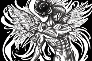 muscular angel with wings, lightning striking a black rose tattoo idea