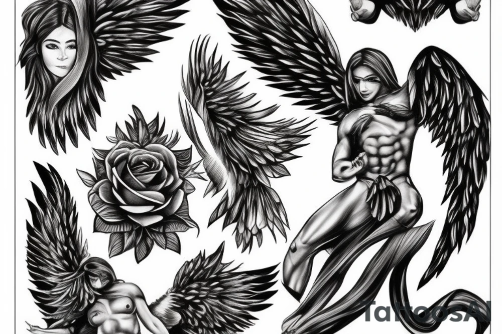 muscular angel with wings, lightning striking a black rose tattoo idea