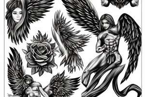 muscular angel with wings, lightning striking a black rose tattoo idea
