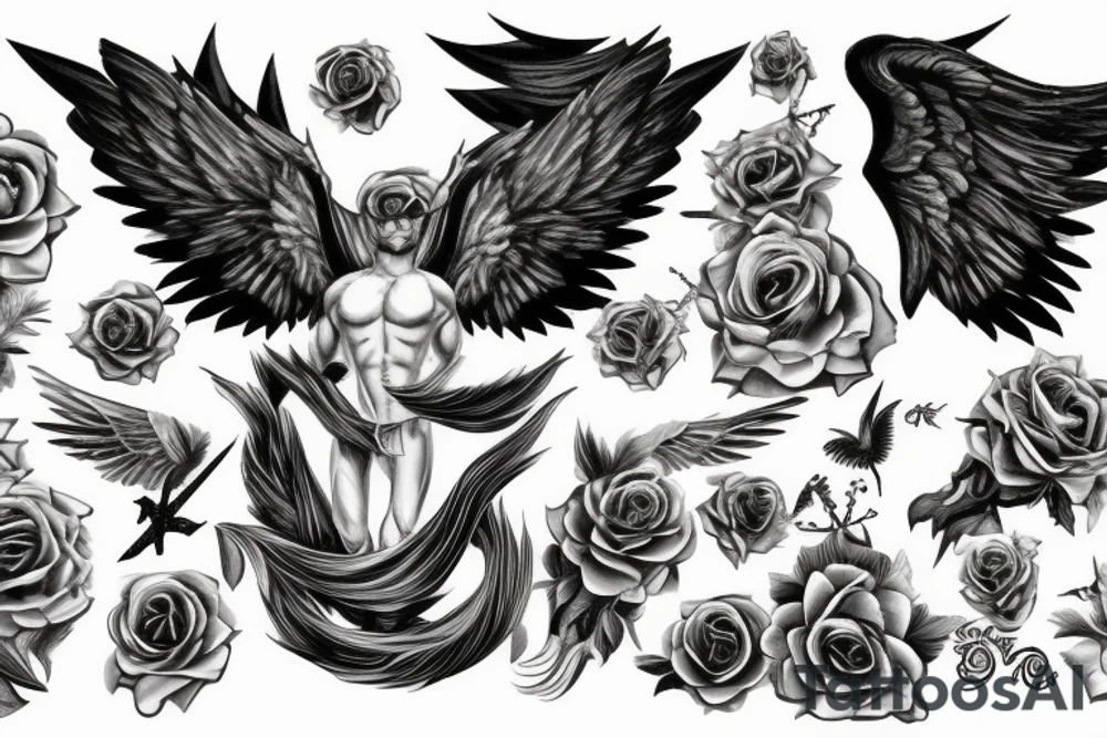 muscular angel with wings, lightning striking a black rose tattoo idea