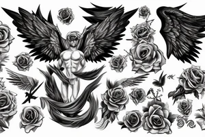 muscular angel with wings, lightning striking a black rose tattoo idea