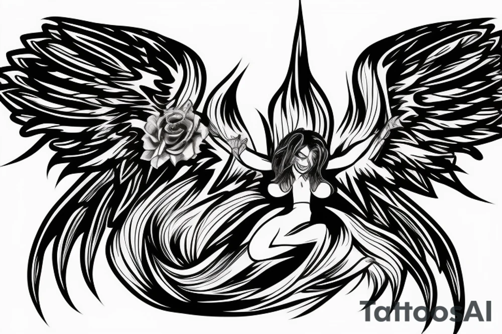 muscular angel with wings, lightning striking a black rose, fierce tattoo idea
