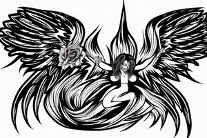 muscular angel with wings, lightning striking a black rose, fierce tattoo idea