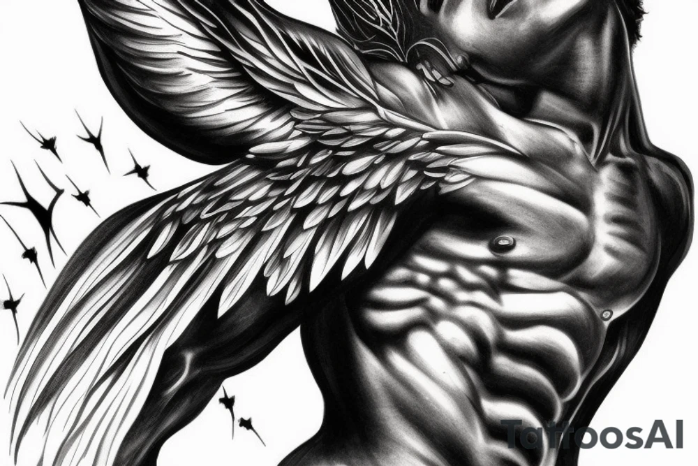 muscular angel with wings, lightning striking a black rose, courageous tattoo idea