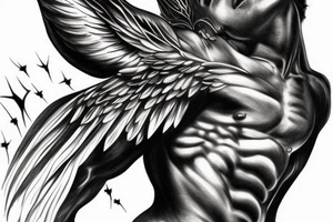 muscular angel with wings, lightning striking a black rose, courageous tattoo idea